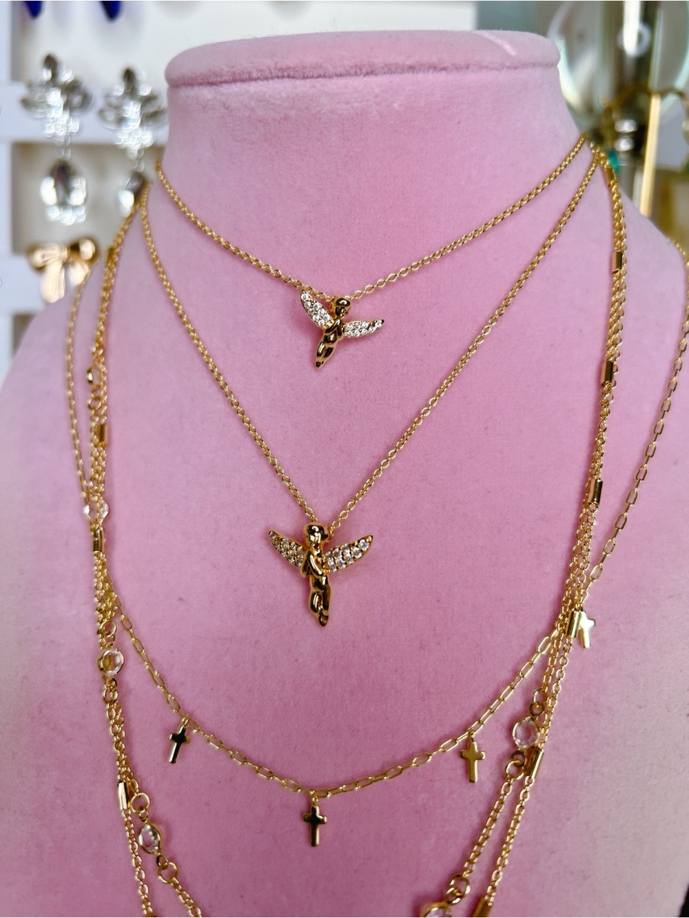 18k yellow gold Cherub 👼🏻 cz 💎 pave wings praying Angel set necklace adjustable